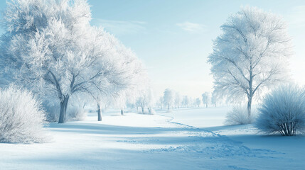 Expansive winter scene with frosted trees and snow-covered fields, leading to a distant horizon. The bright sky enhances the icy landscape. Excellent for winter or seasonal themes with copy space.