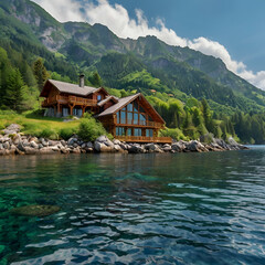 Naklejka premium Tranquil Mountain Haven by the Sea