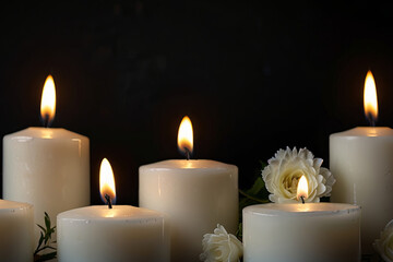 White Candles and Flowers on Black Panoramic Background Solemn and Respectful Atmosphere for Funeral Service, Memorial, or Obituary Headers
