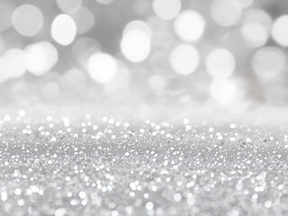 Glittery silver bokeh lights on a soft white background, ideal for winter-themed designs or elegant event invitations with ample copy space.