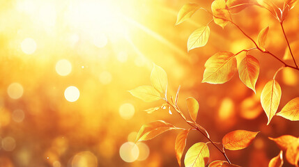 Golden autumn leaves glowing in warm sunlight with a soft-focus background. The image captures the beauty and tranquility of a sunny autumn day.