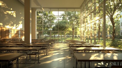 Empty cafeteria tables in a room with large windows overlooking a green outdoor space.