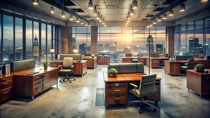 Dusty file cabinets and vintage typewriters meet outdated technology, blending nostalgia with stagnation as soft focus shapes emerge from blurred office spaces.