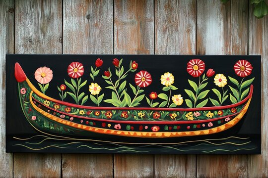 A classic tole painting depicting a canal boat or narrowboat featuring textured elements.