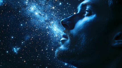 A contemplative profile of a man against a cosmic backdrop, exploring the beauty and mystery of the universe.