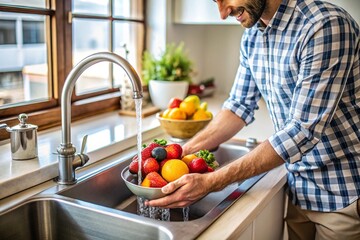 man washing  fruits on sink at modern kitchen 