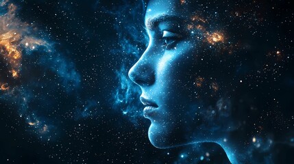 A creative fusion of human profile and cosmic elements, representing the harmony between humanity and the universe.