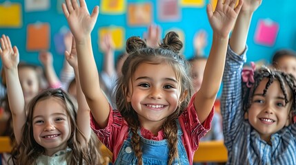 Fototapeta premium Cheerful children raising hands in a vibrant classroom, showcasing enthusiasm and eagerness to learn.