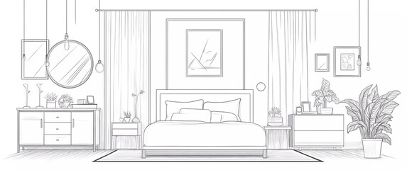 bedroom interior, line art style, simple vector illustration with white background, furniture and decor