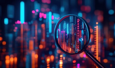 Magnifying glass over data grid with glowing charts, vibrant bokeh lights, sharp details, technology