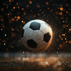 Fototapeta premium Soccer ball crossing the goal line in slow motion, dust particles illuminated by stadium lights, Soccer scoring, moment of victory
