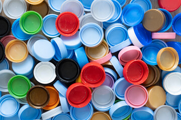 close up plastic bottles caps for recycling to conserve the environment, recycling, reuse, garbage disposal, save the world concpet