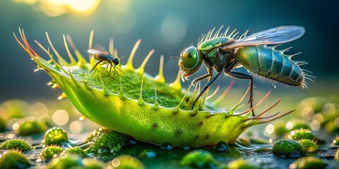 Ethereal macro capture of dewy Venus flytrap consuming fly amidst misty morning light, emphasizing eerie beauty, vibrant greens, and intricate details in eerie stillness.