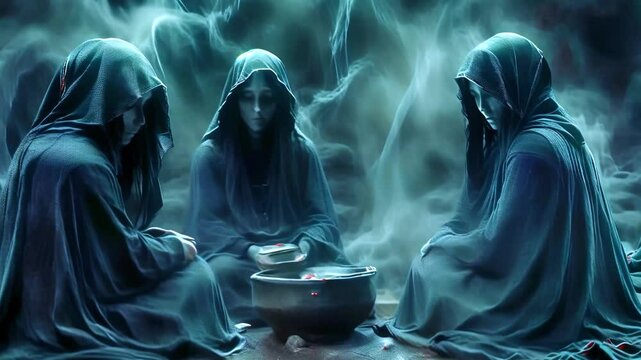 Mysterious Hooded Figures Performing Ritual Around Cauldron Dark Fantasy Scene Occult Ceremony Enigmatic Gathering Supernatural Atmosphere Mystical Magic Sorcery Arcane Ancient Ritualistic Powers