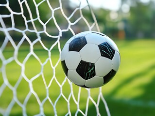 Fototapeta premium Closeup of a soccer ball hitting the back of the net, tension and motion captured, Soccer scoring, goal impact