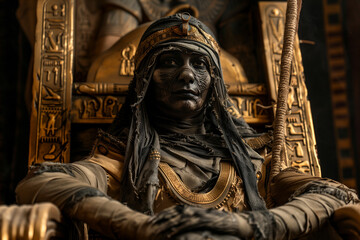 Woman Pharaoh Mummy Inside a Pyramid for a Spooky Halloween Horror Scene