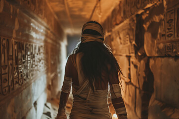 Undead Female Mummy in Bandages Inside a Spooky Egyptian Pyramid Scene