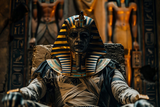 Pharaoh Mummy on Throne in Scary Pyramid Setting for Halloween Horror - Powered by Adobe