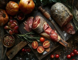 Rustic display of sliced Jamon Iberico with rosemary on a dark background