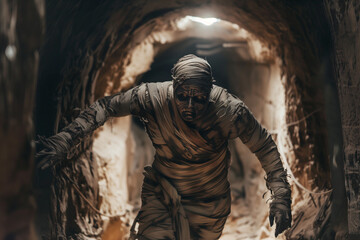 Undead Mummy Inside a Terrifying Pyramid for a Halloween Horror Scene