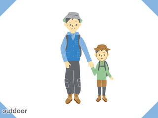 アウトドアやキャンプを楽しむ家族のイラスト、お父さんと子供