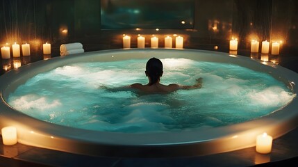 Obraz premium A serene and luxurious spa bath scene with a person soaking in a tub surrounded by flickering candles creating a peaceful and rejuvenating atmosphere for a tranquil relaxation retreat