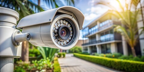 Security camera on outdoor pole with blurred building and palm trees in background.