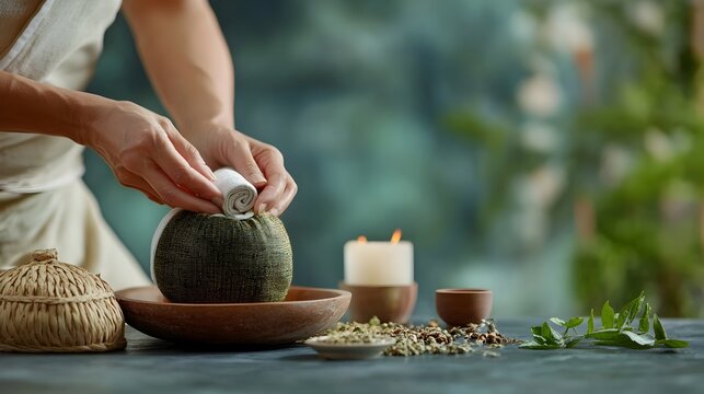 Professional Therapist Preparing Aromatic Herbal Compress for Therapeutic Massage Treatment in Holistic Wellness Practice