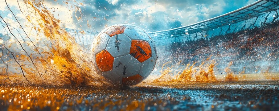 Striker scoring with a firsttime strike, the ball rocketing into the net as the crowd erupts, Footie strike, crowdroaring finish