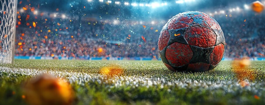 Striker scoring with a firsttime strike, the ball rocketing into the net as the crowd erupts, Footie strike, crowdroaring finish