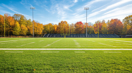 A high school football field with goalposts, bleachers, and bright green grass.