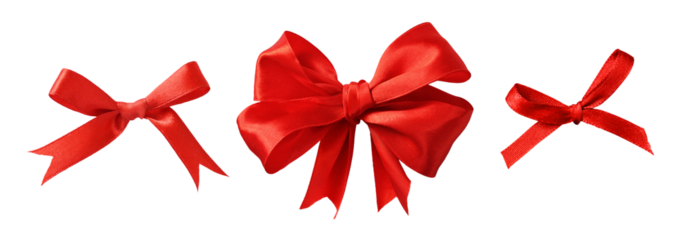 Set of red satin ribbon bows isolated on white or transparent background