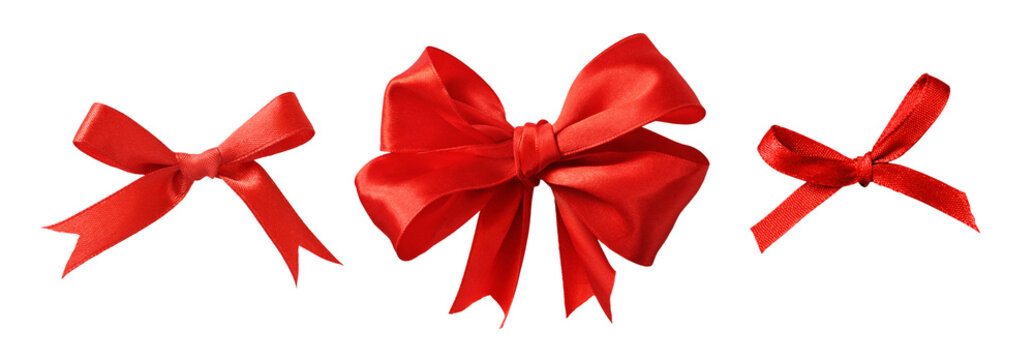 Set of red satin ribbon bows isolated on white or transparent background