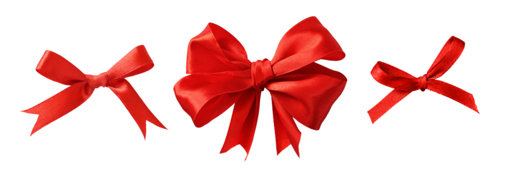 Set of red satin ribbon bows isolated on white or transparent background