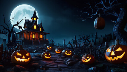 Halloween background with pumpkins and haunted house - 3D render. Halloween background with Evil Pumpkin. Spooky scary dark Night forrest. Holiday event halloween banner background concept landscape