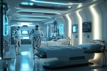 Obraz premium Robotic Caregivers in a High-Tech Medical Facility: A Glimpse into the Future of Healthcare