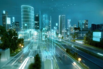 Obraz premium Futuristic city illuminated with a digital landscape, showcasing vibrant technology and urban life.