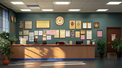 A school office with awards and certificates displayed on the wall behind a reception desk.