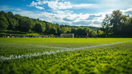A school soccer field with kids playing a game, goalposts, and green grass stretching into the distance.