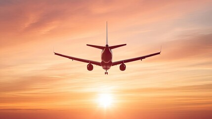A captivating airline jet descends through a stunning sunset, showcasing vibrant colors in the sky.