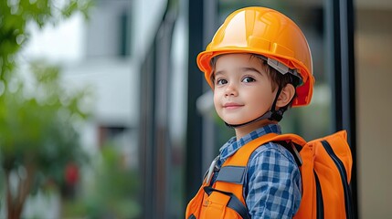 A cheerful boy wearing an orange construction helmet and vest, showcasing safety and enthusiasm for building and exploration.