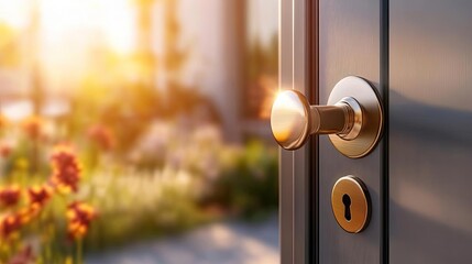A close-up of a door handle in the sunlight, symbolizing new beginnings and opportunities in a vibrant garden setting.