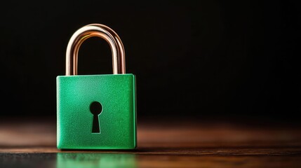 Fototapeta premium A close-up of a green padlock with a shiny brass shackle, symbolizing security, privacy, and protection against unauthorized access.