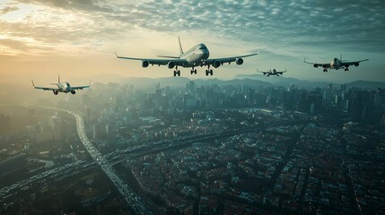 Fototapeta premium Aerial view of multiple aircraft approaching an urban skyline during sunset, showcasing aviation in modern transportation.