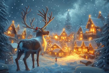 Enchanting snowy village at night with glowing lights and a majestic reindeer, capturing the magic and wonder of winter.