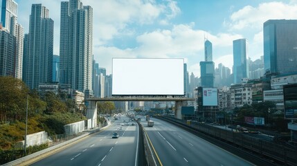 Blank Billboard Over Highway in Urban Setting