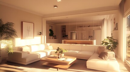 Fototapeta premium Modern Living Room Interior Design With White Sofa and Wooden Coffee Table