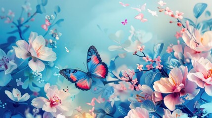 Elegant spring greeting typography featuring blooming flowers and a butterfly, vibrant and lively spring design