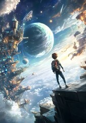 Naklejka premium A Boy Stands on a Cliff Looking Out Over a Futuristic City in the Clouds