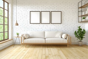 Fototapeta premium Minimalist Living Room with White Brick Wall and Wooden Floor